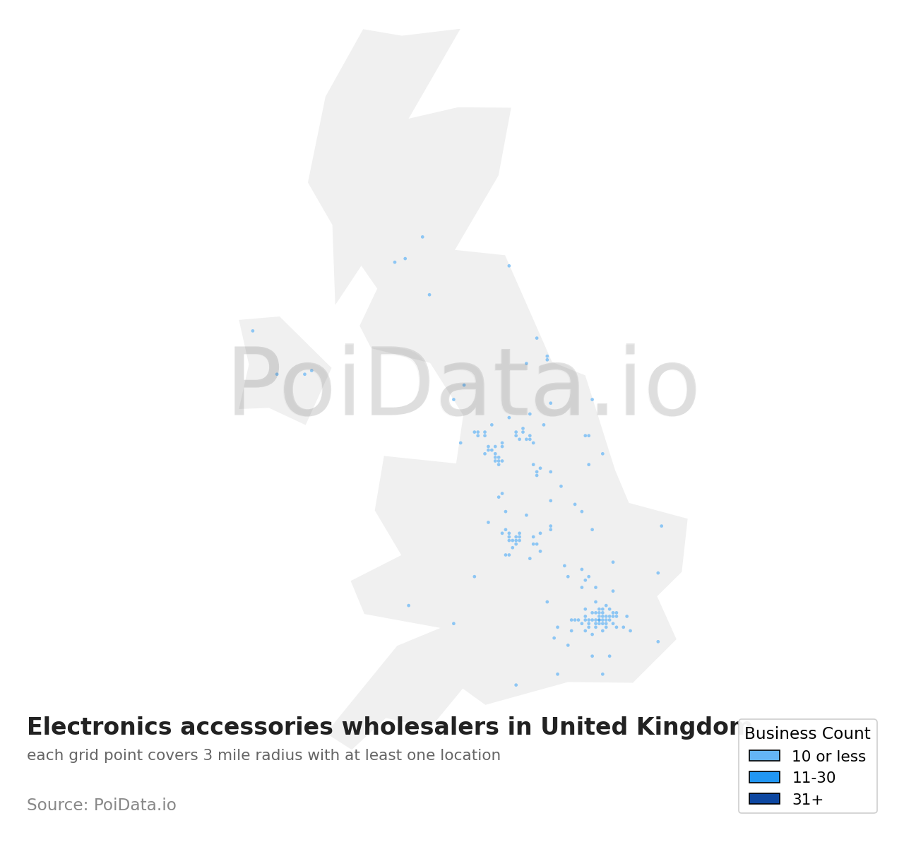 Electronics accessories wholesaler density map for United Kingdom