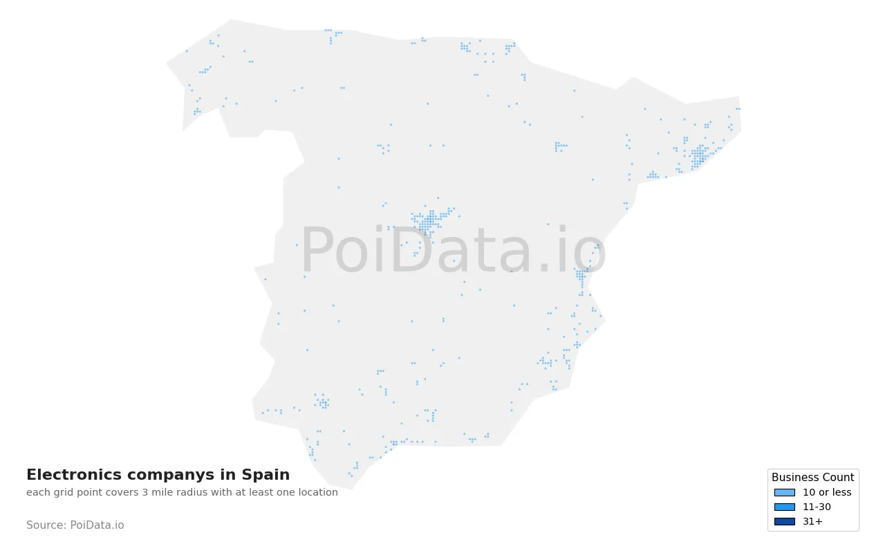 Electronics company density map for Spain