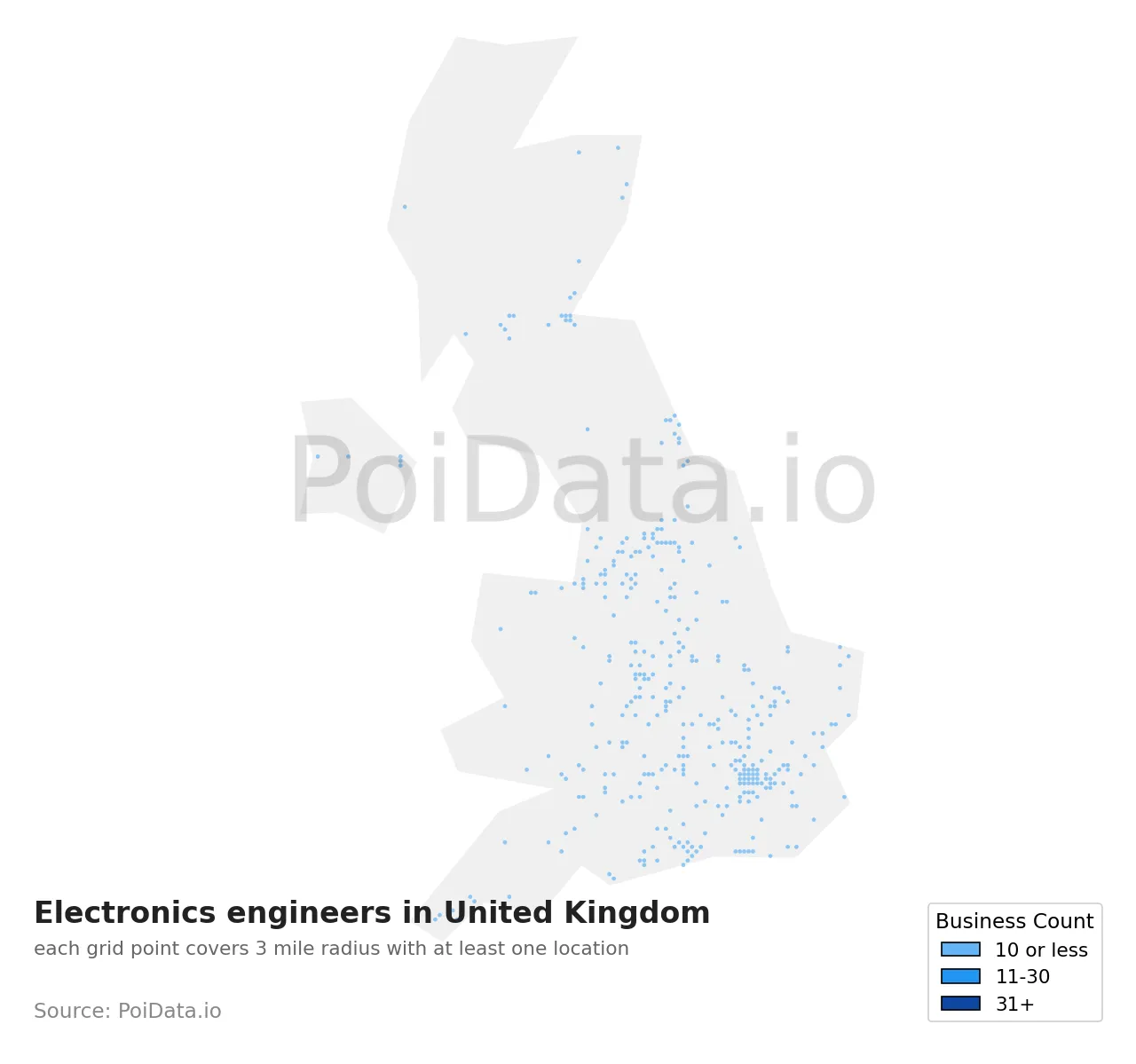 Electronics engineer density map for United Kingdom