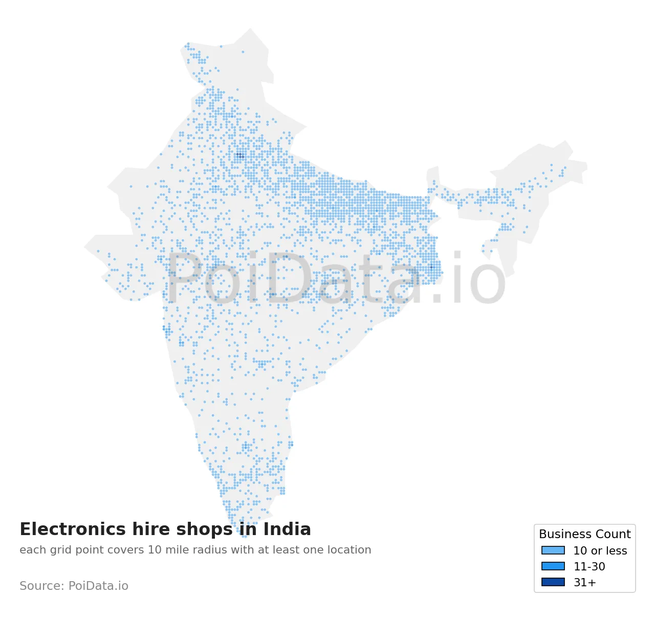 Electronics hire shop density map for India