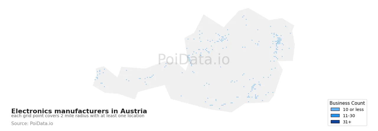 Electronics manufacturer density map for Austria