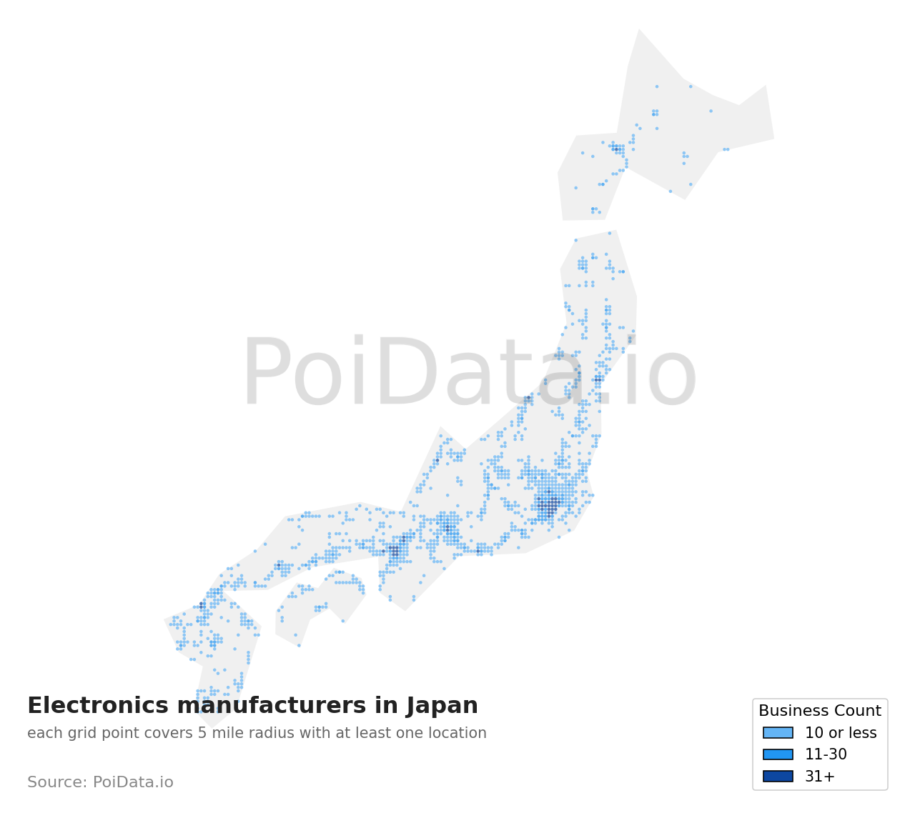 Electronics manufacturer density map for Japan