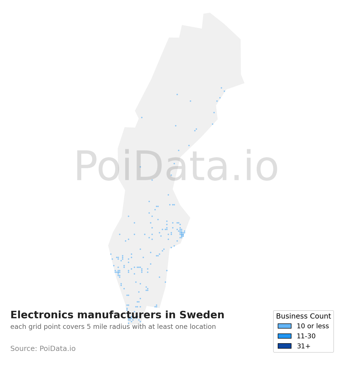 Electronics manufacturer density map for Sweden