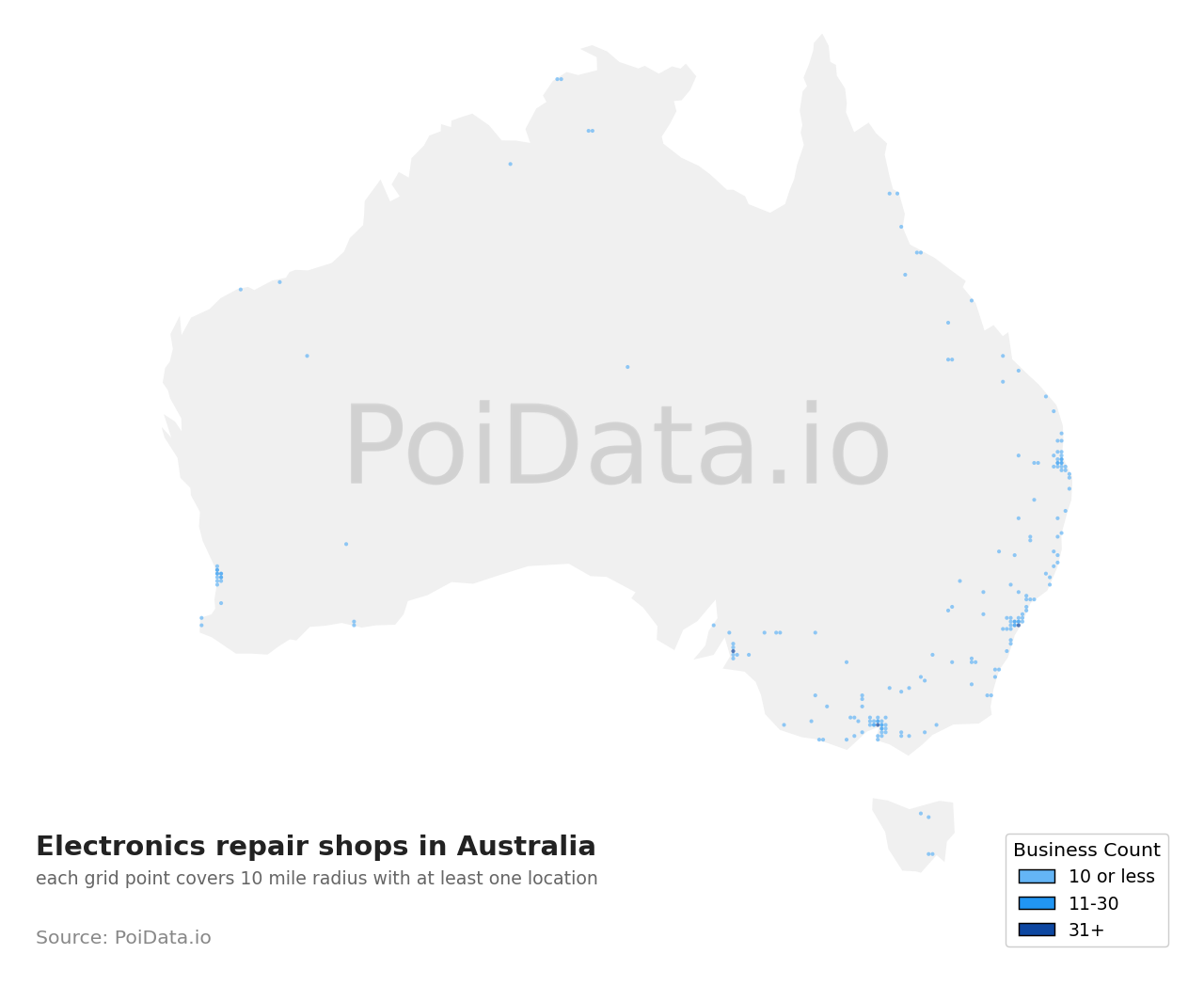 Electronics repair shop density map for Australia