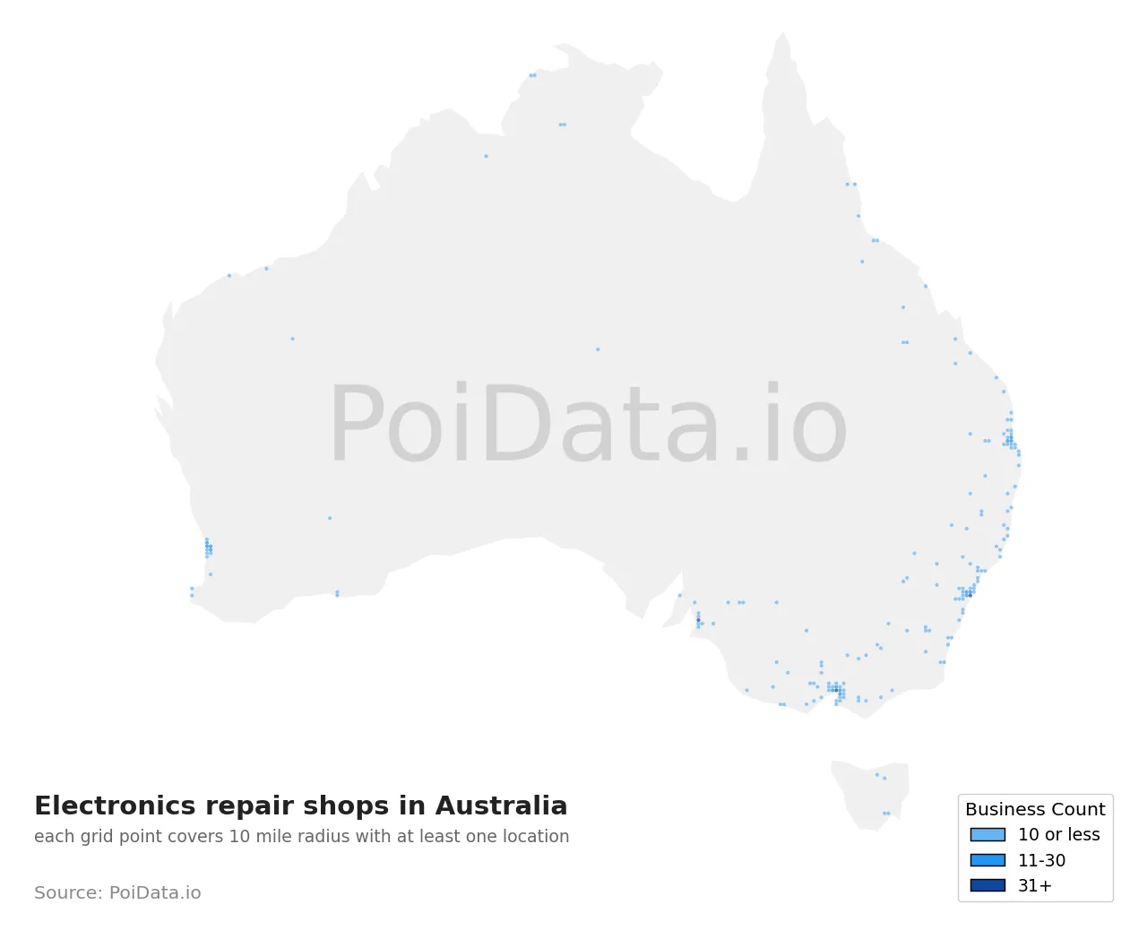Electronics repair shop density map for Australia