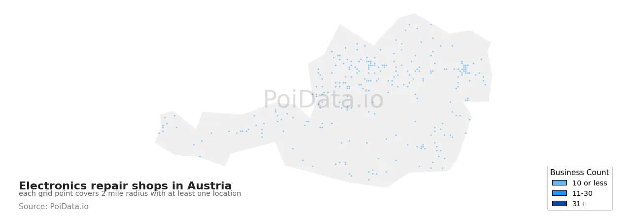 Electronics repair shop density map for Austria