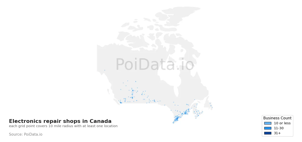 Electronics repair shop density map for Canada