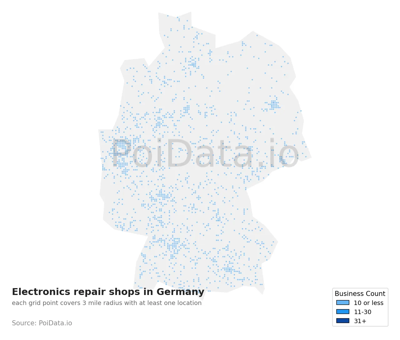 Electronics repair shop density map for Germany