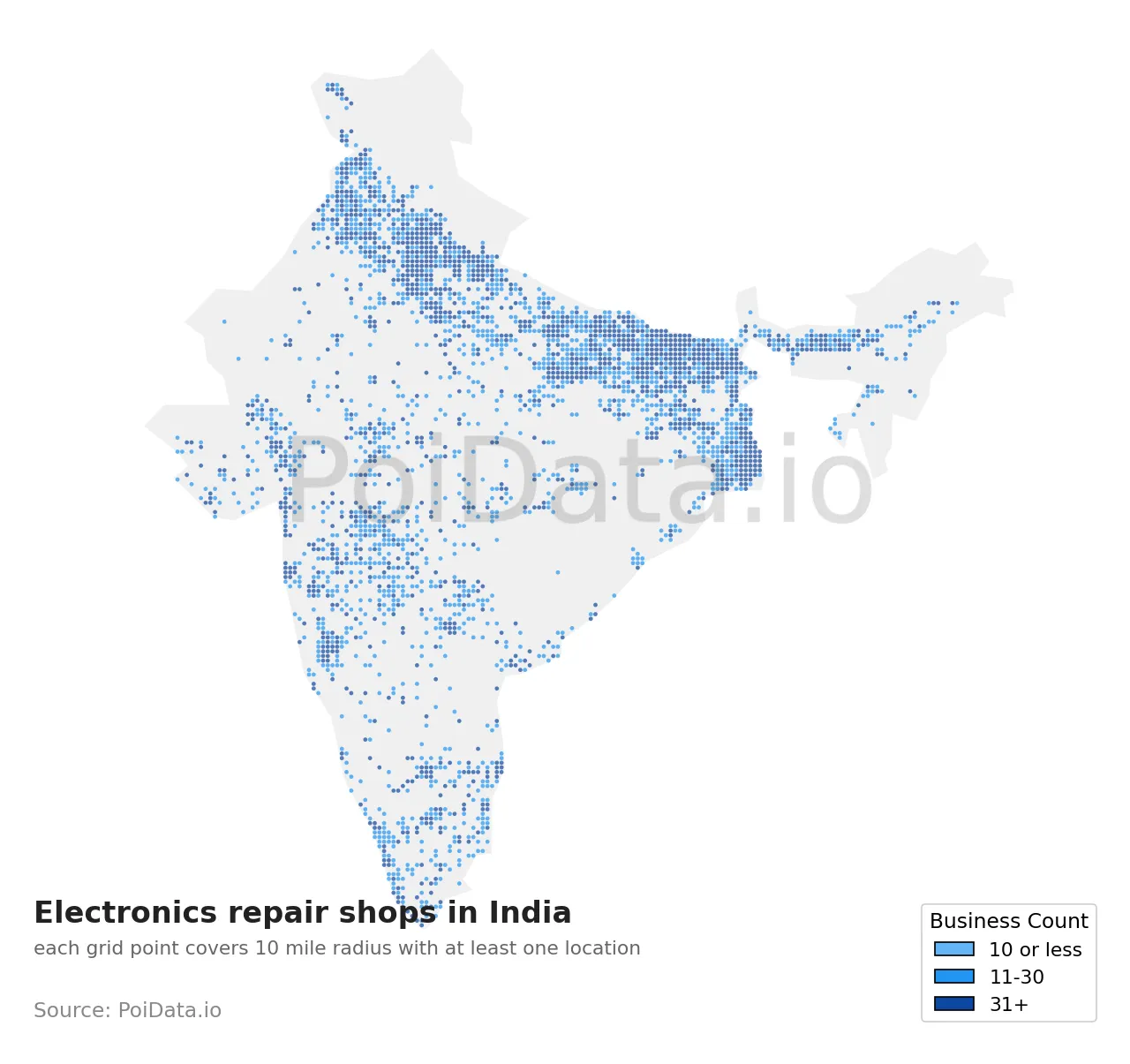 Electronics repair shop density map for India