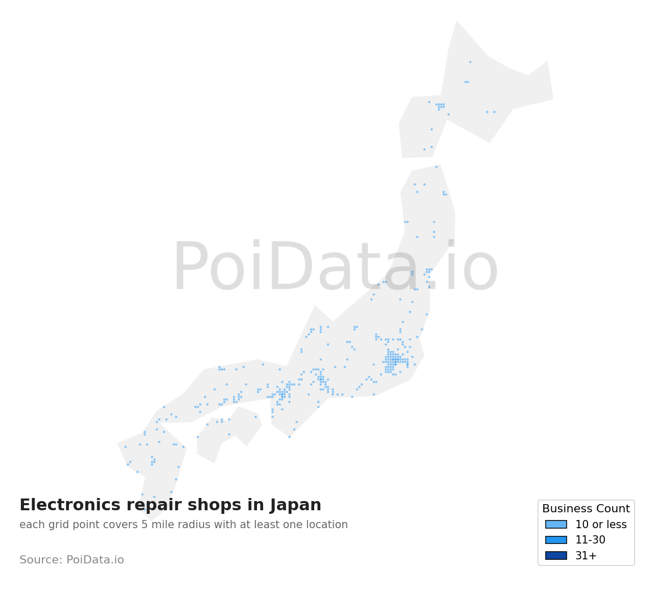 Electronics repair shop density map for Japan
