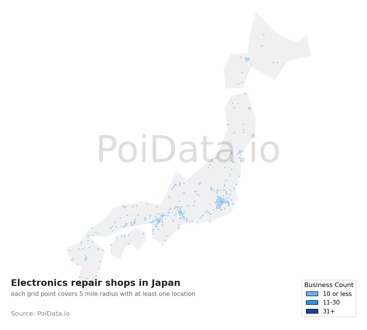 Electronics repair shop density map for Japan