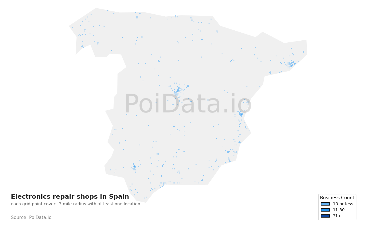 Electronics repair shop density map for Spain