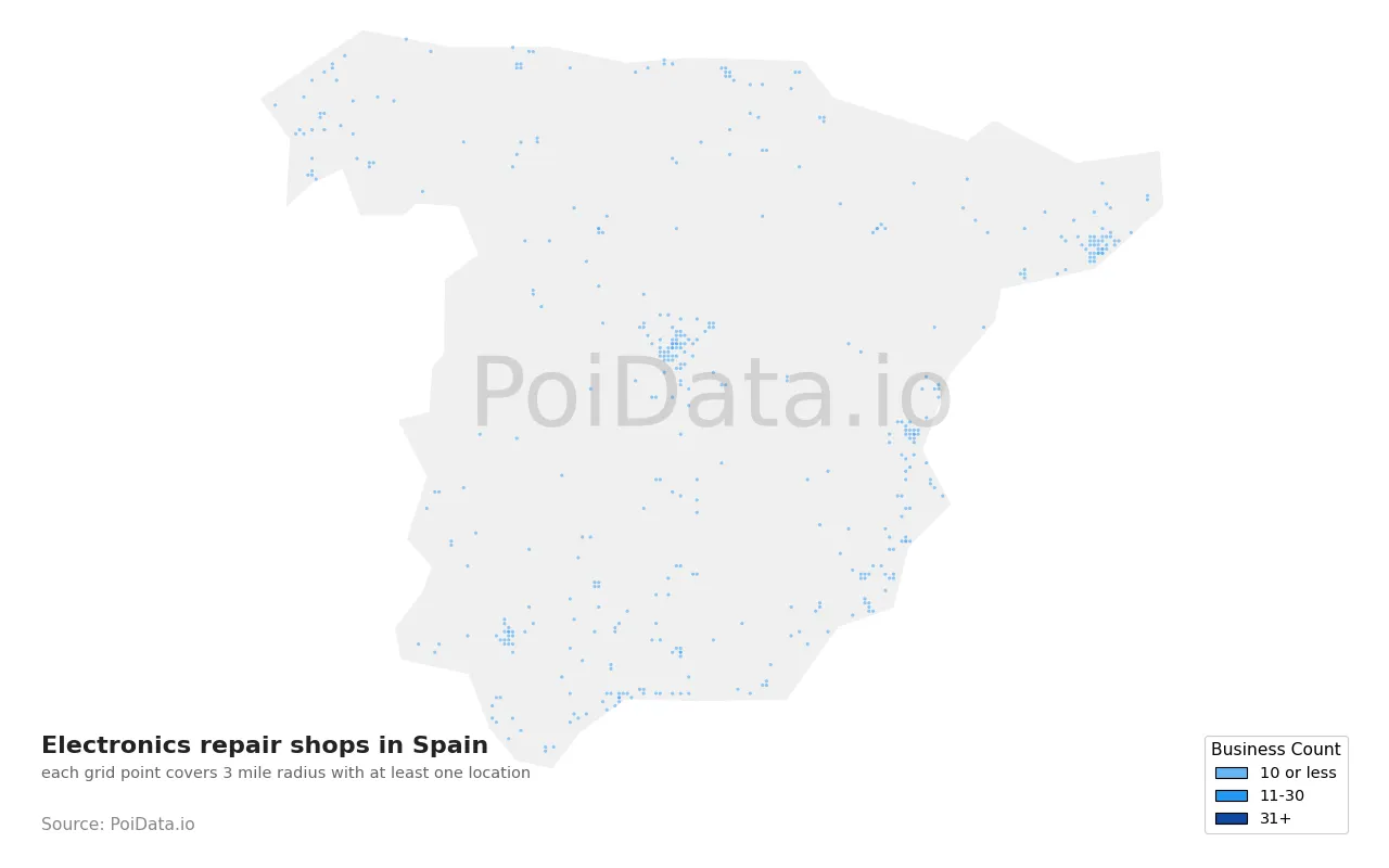 Electronics repair shop density map for Spain
