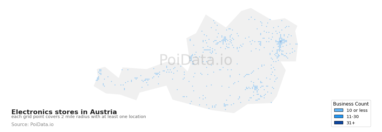 Electronics store density map for Austria