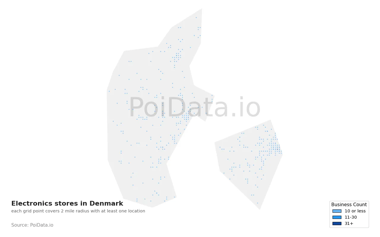 Electronics store density map for Denmark