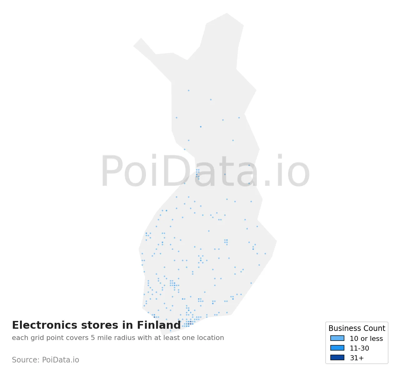 Electronics store density map for Finland