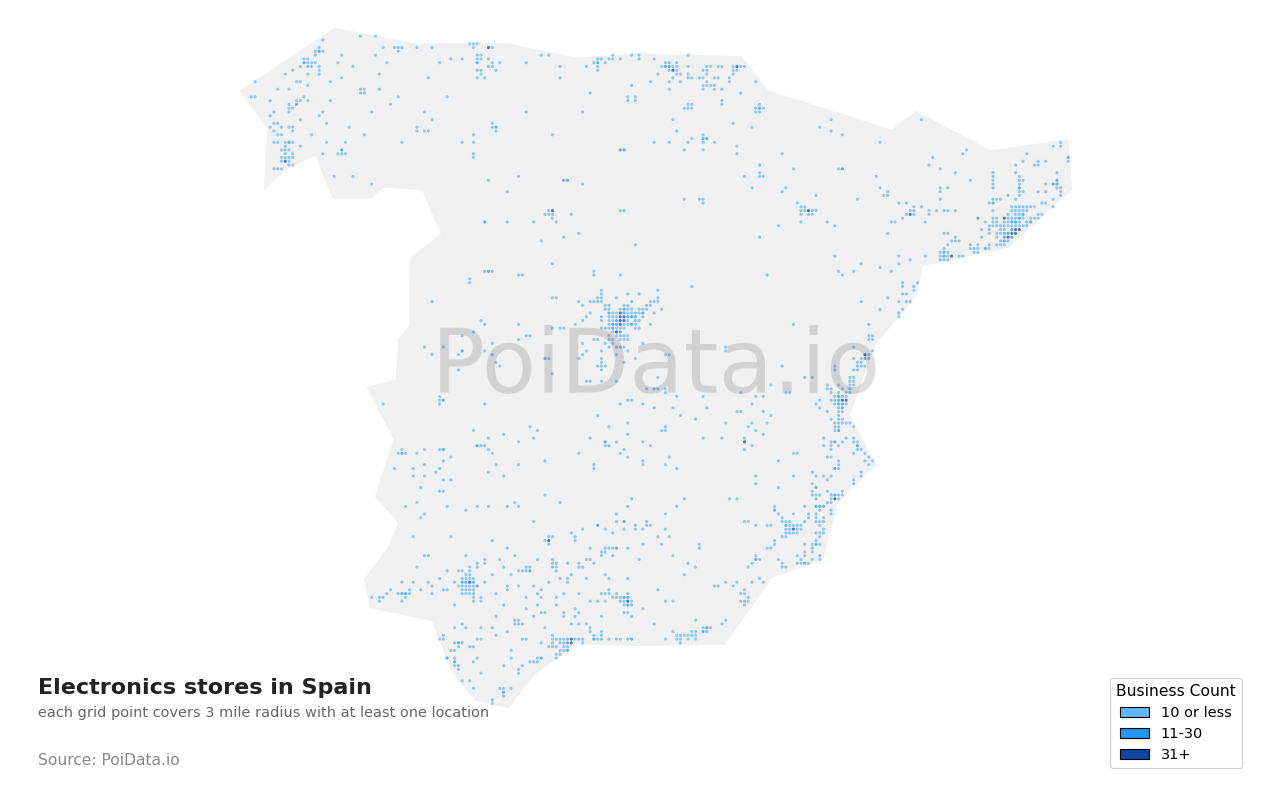 Electronics store density map for Spain