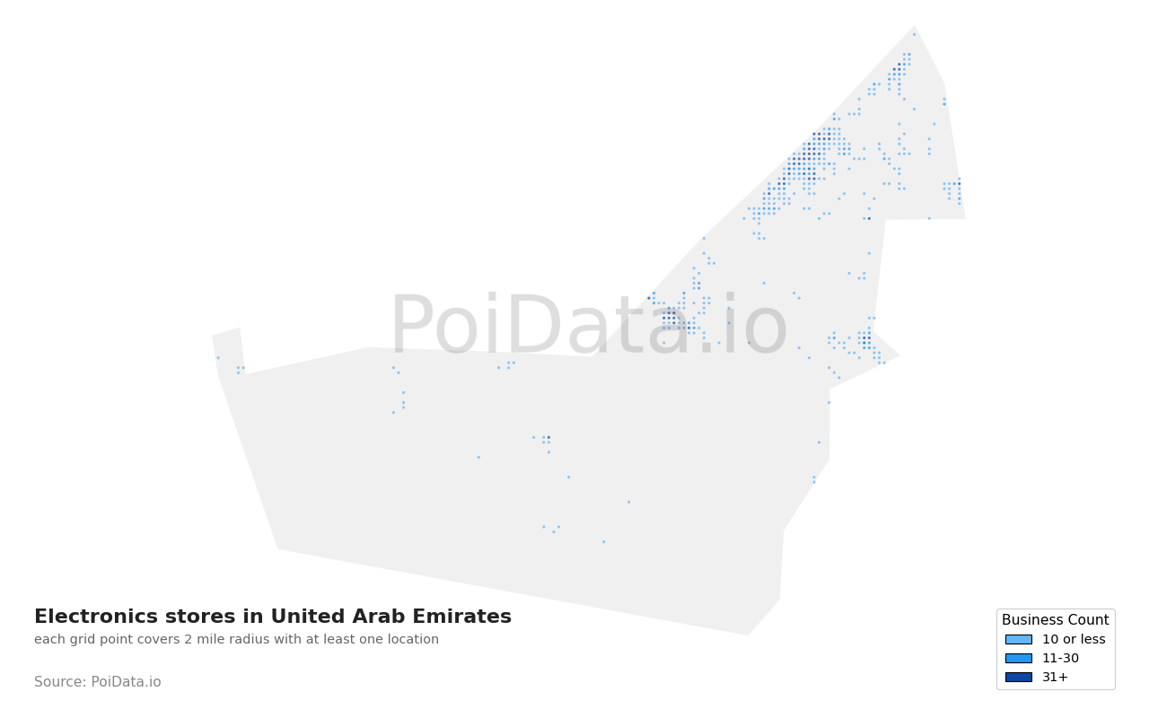 Electronics store density map for United Arab Emirates