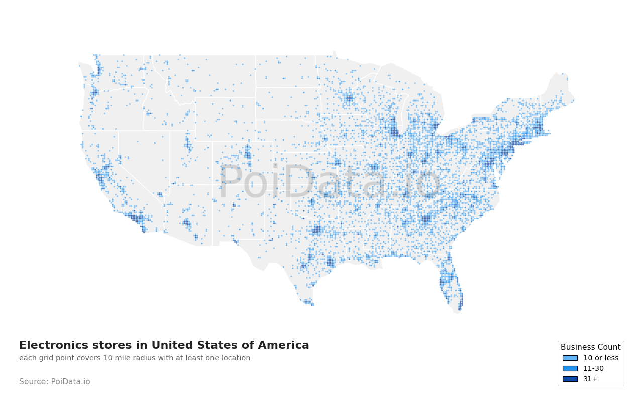 Electronics store density map for Pennsylvania, United States