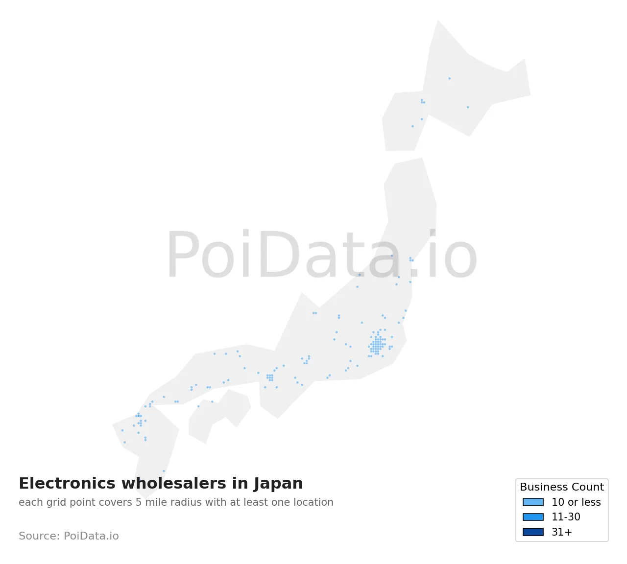 Electronics wholesaler density map for Japan