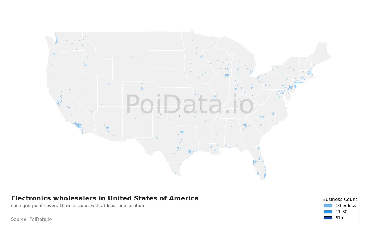 Electronics wholesaler density map for United States