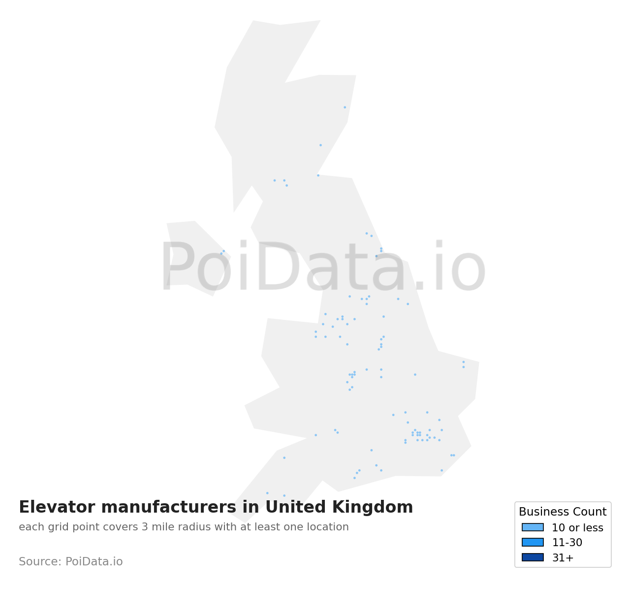 Elevator manufacturer density map for United Kingdom