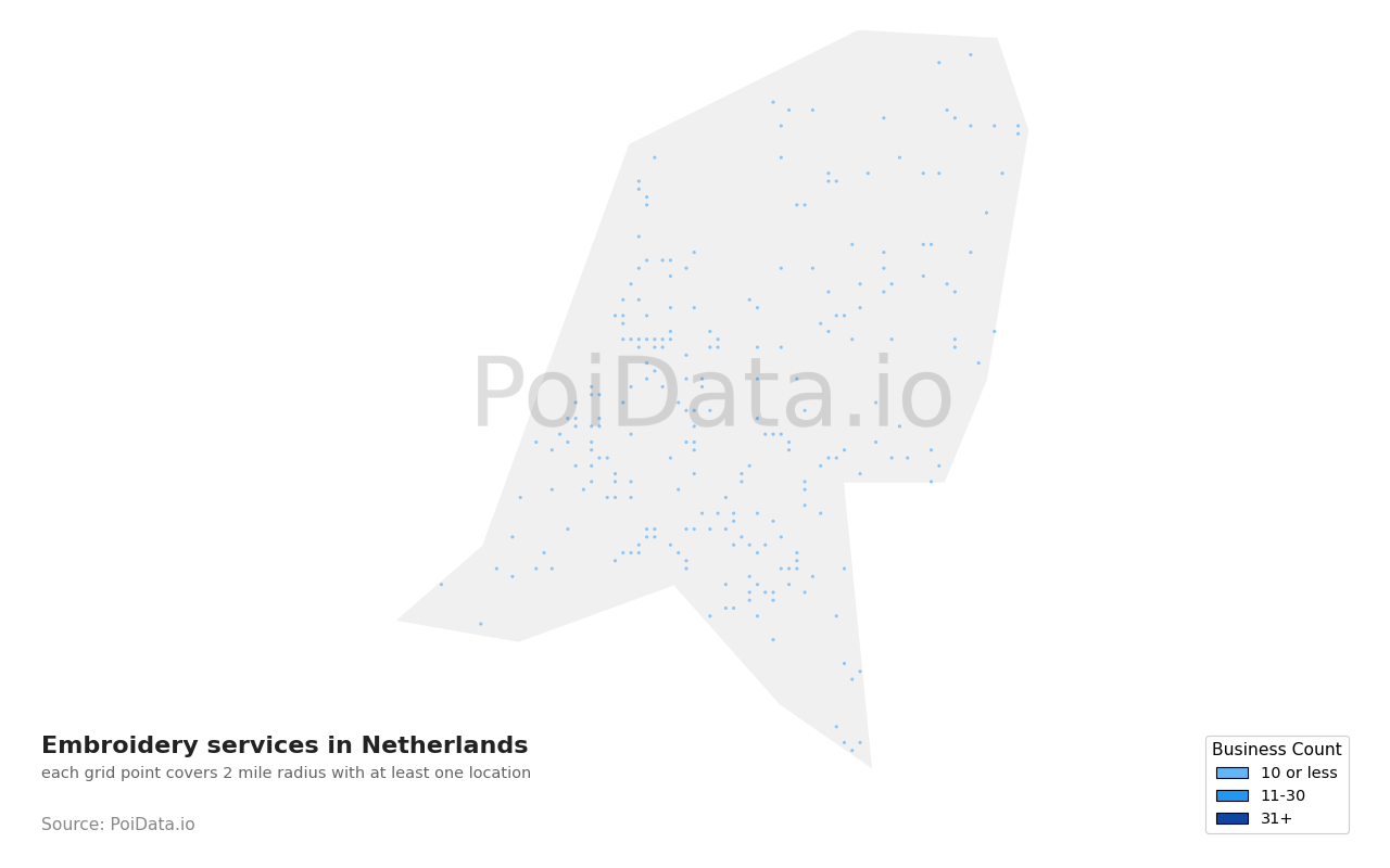 Embroidery service density map for Netherlands