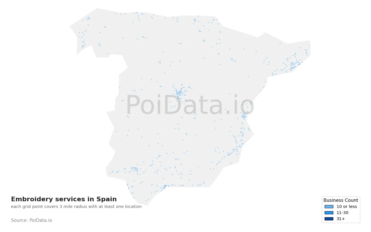 Embroidery service density map for Spain