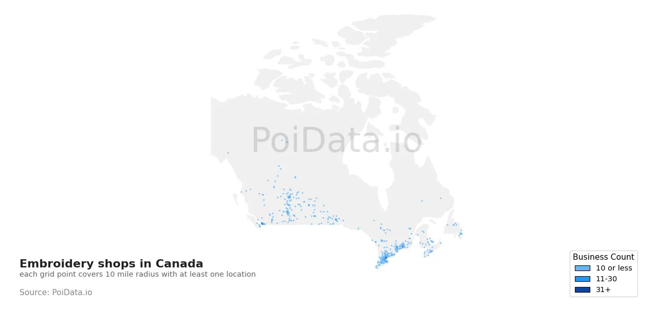 Embroidery shop density map for Canada