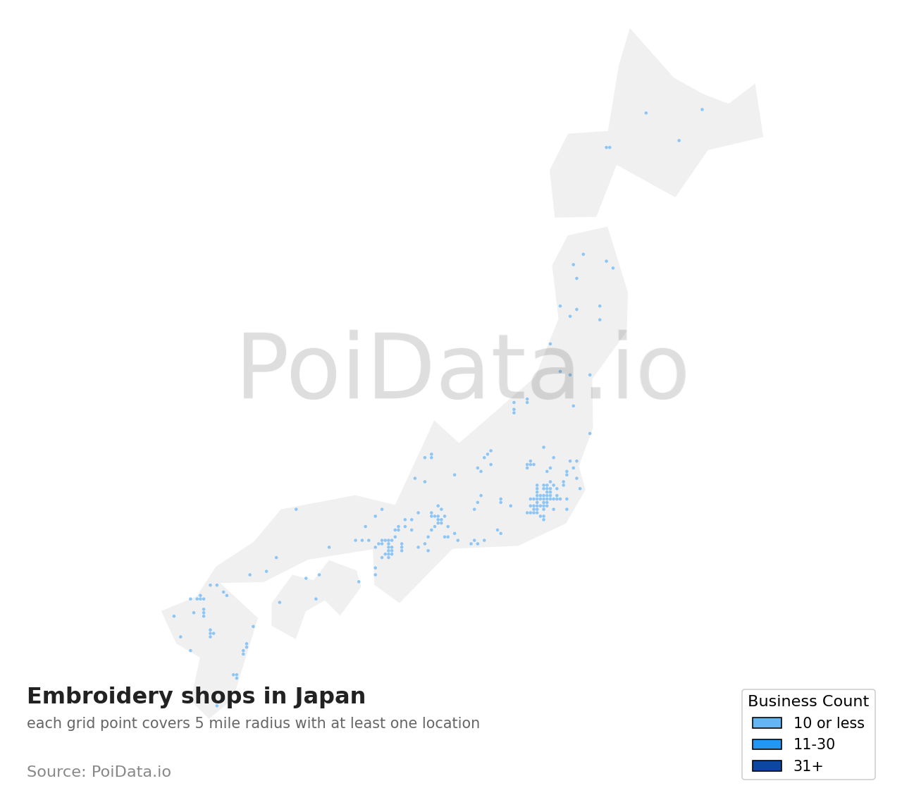 Embroidery shop density map for Japan