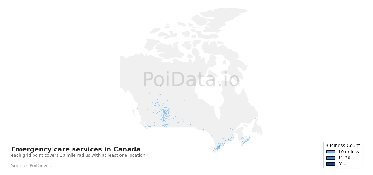 Emergency care service density map for Alberta, Canada