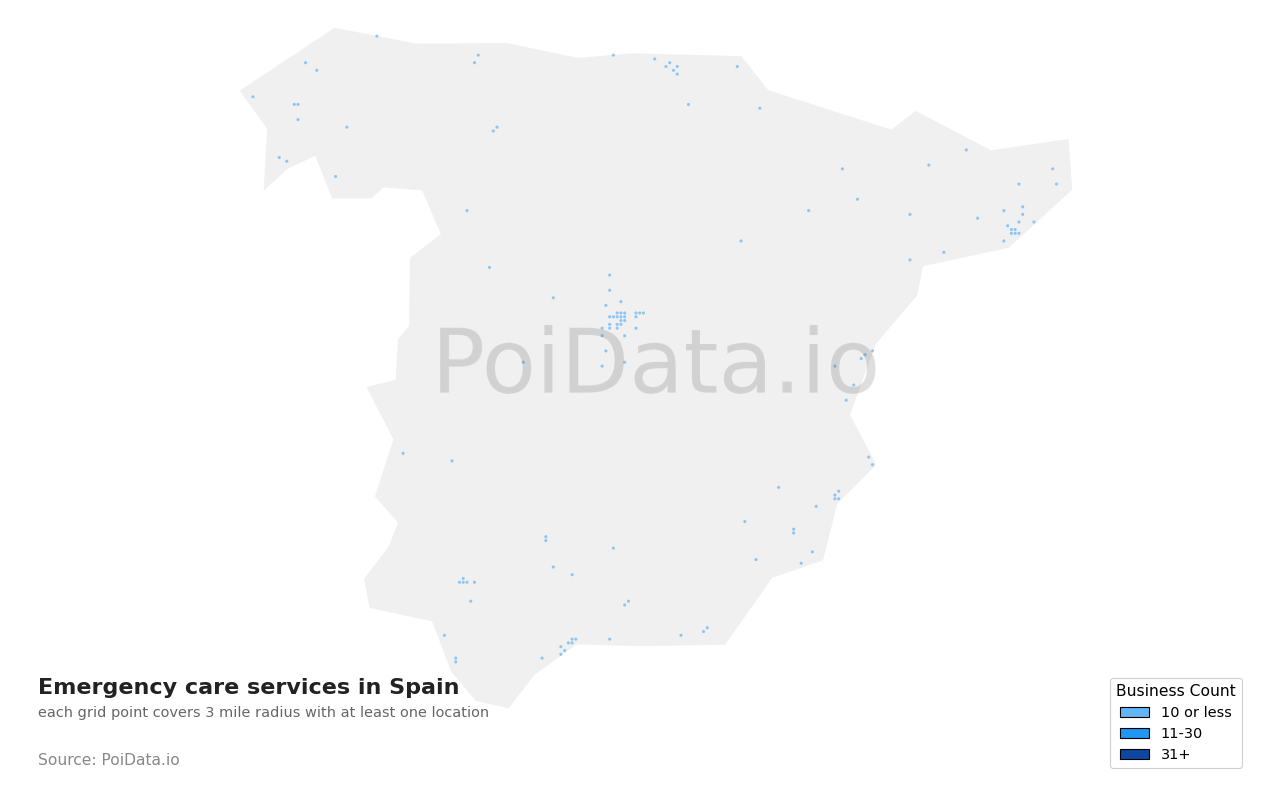 Emergency care service density map for Spain