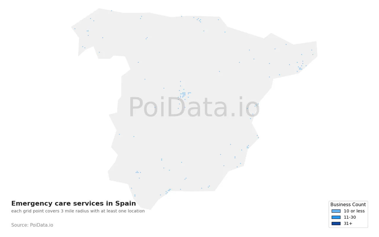 Emergency care service density map for Spain