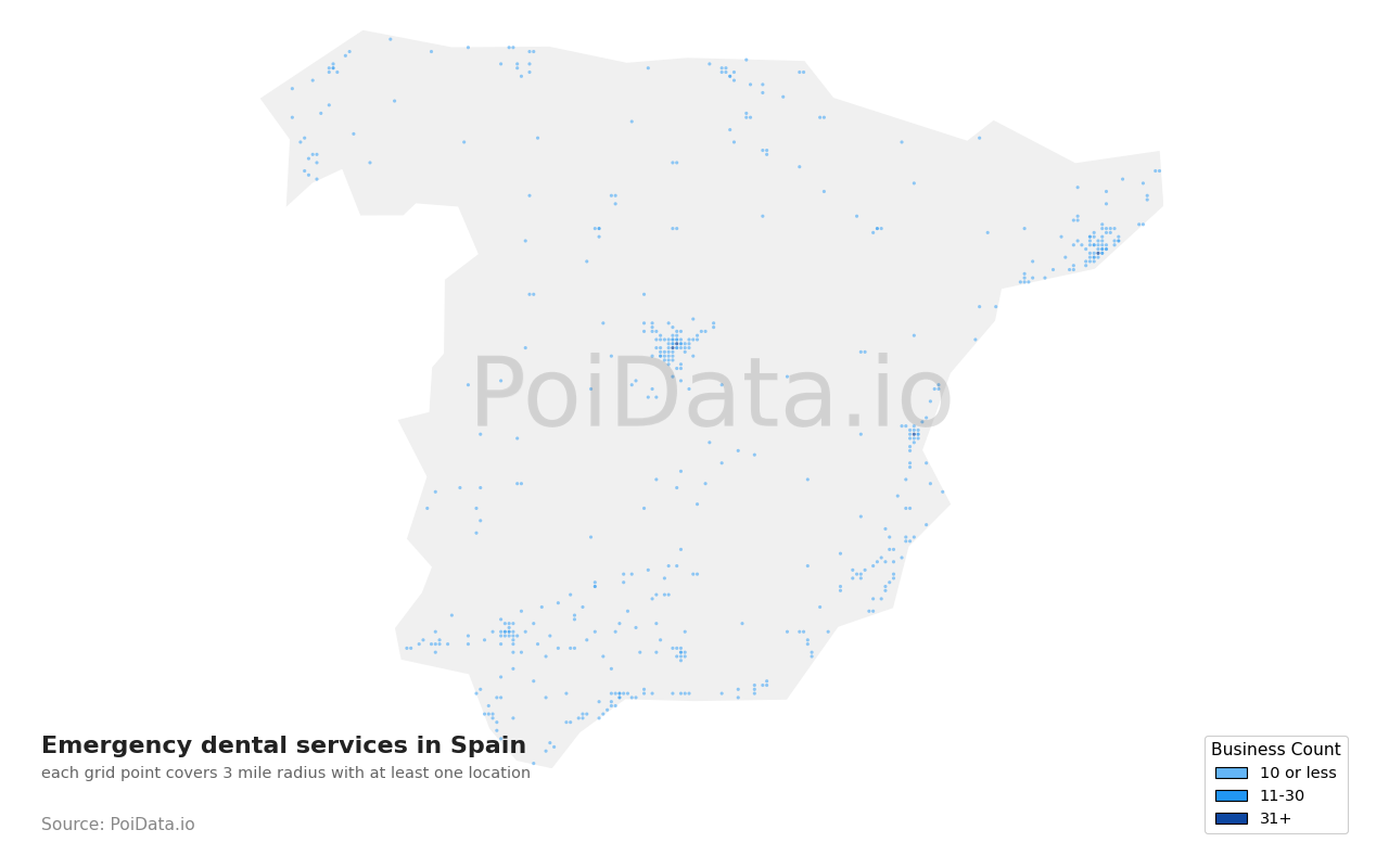 Emergency dental service density map for Spain