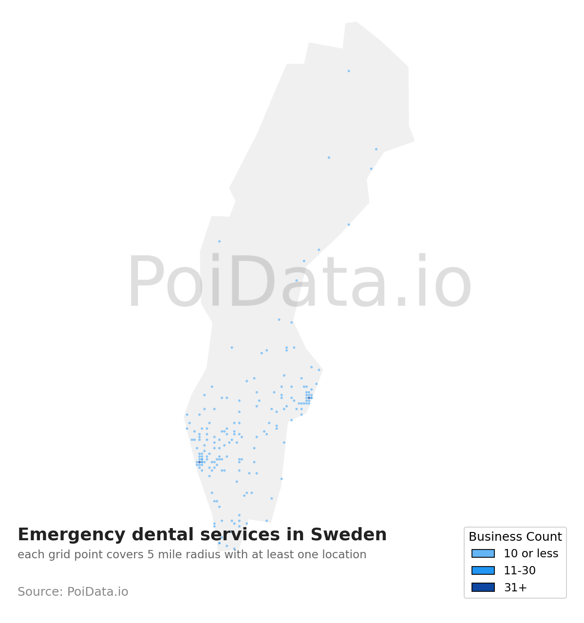 Emergency dental service density map for Sweden