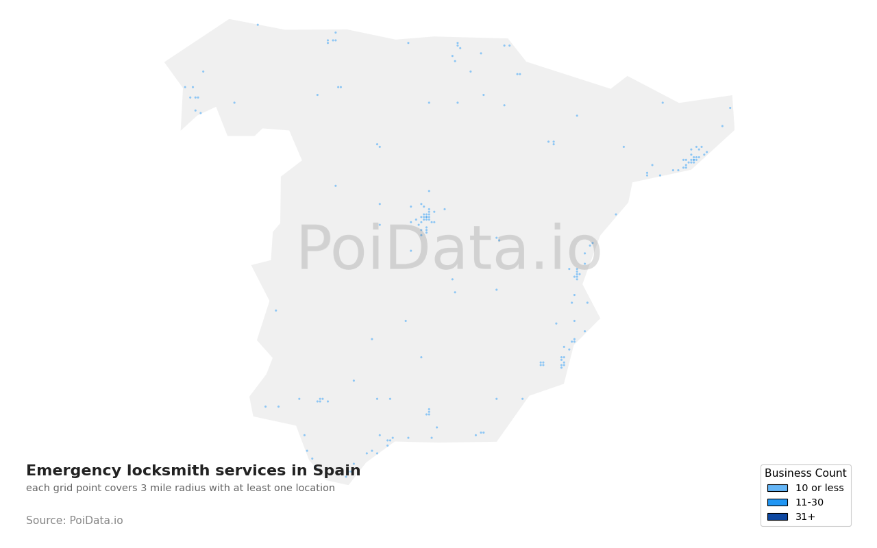 Emergency locksmith service density map for Spain