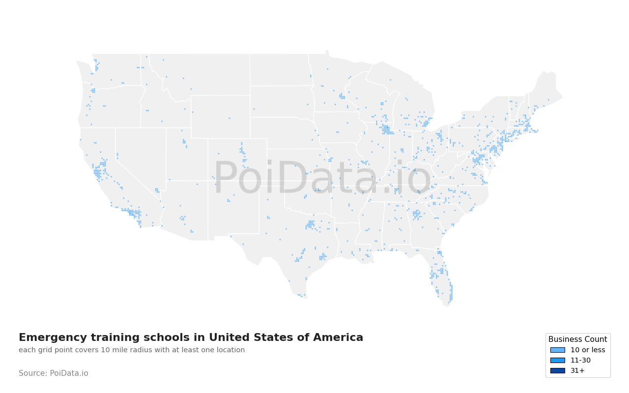 Emergency training school density map for California, United States