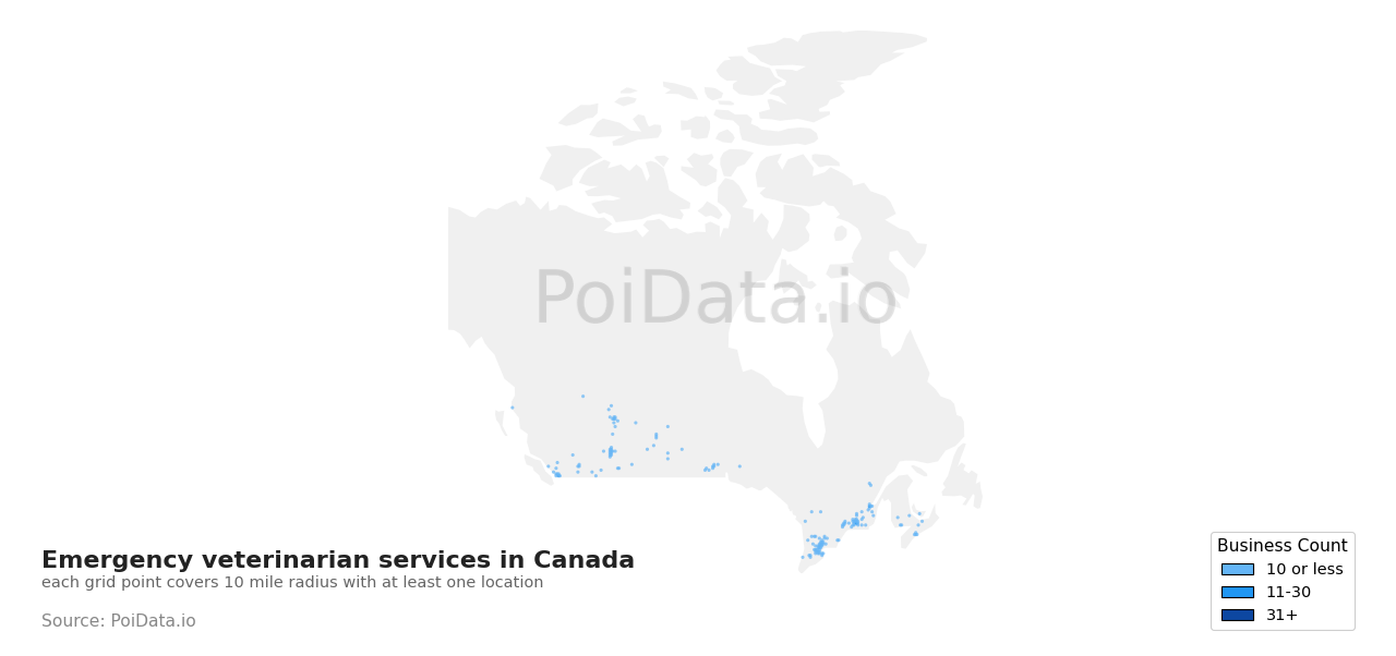 Emergency veterinarian service density map for Canada