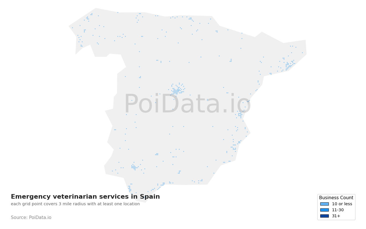 Emergency veterinarian service density map for Spain