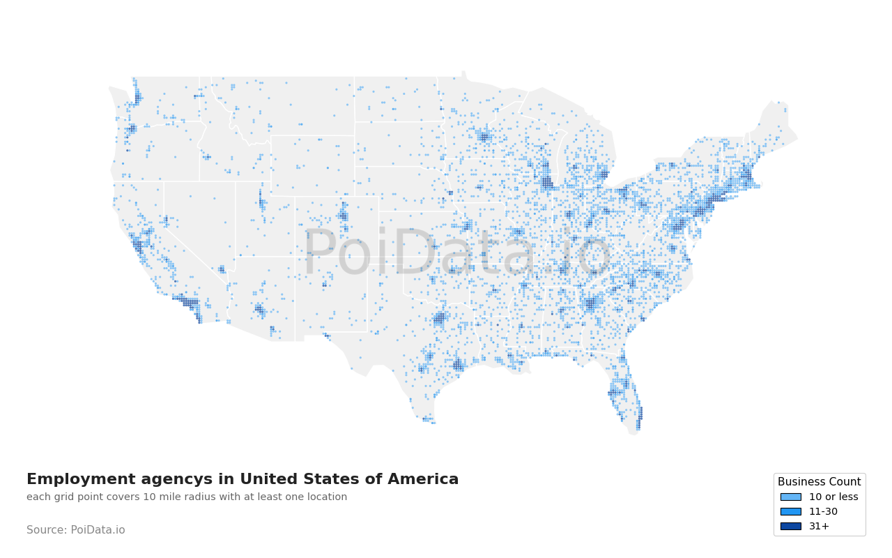 Employment agency density map for United States
