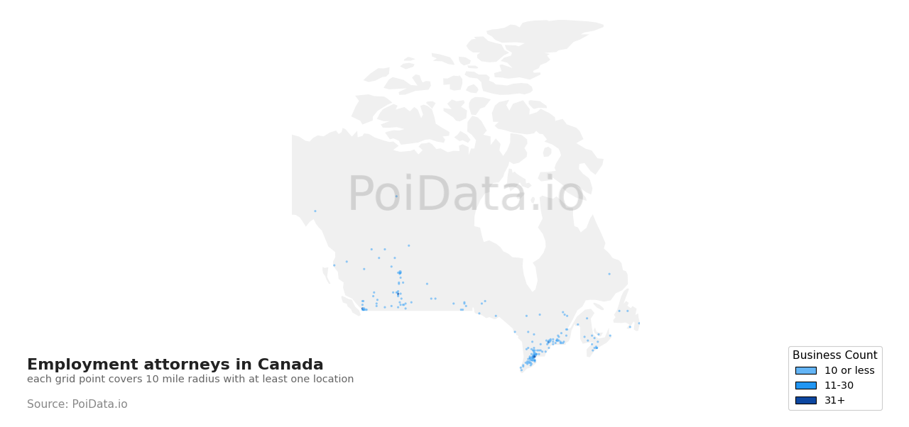Employment attorney density map for Canada