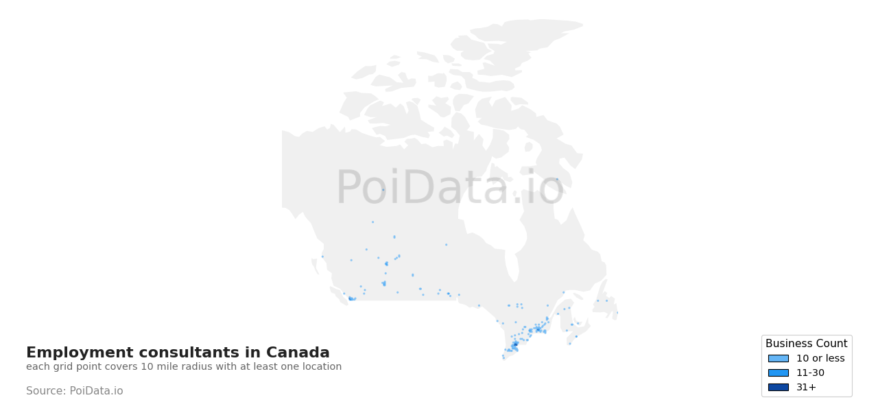 Employment consultant density map for New Brunswick, Canada