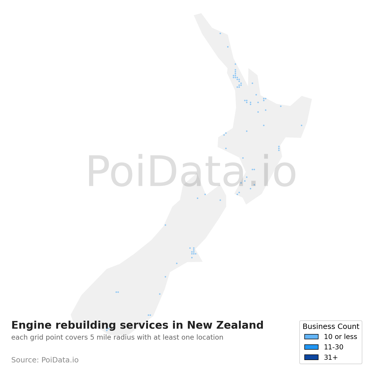Engine rebuilding service density map for New Zealand