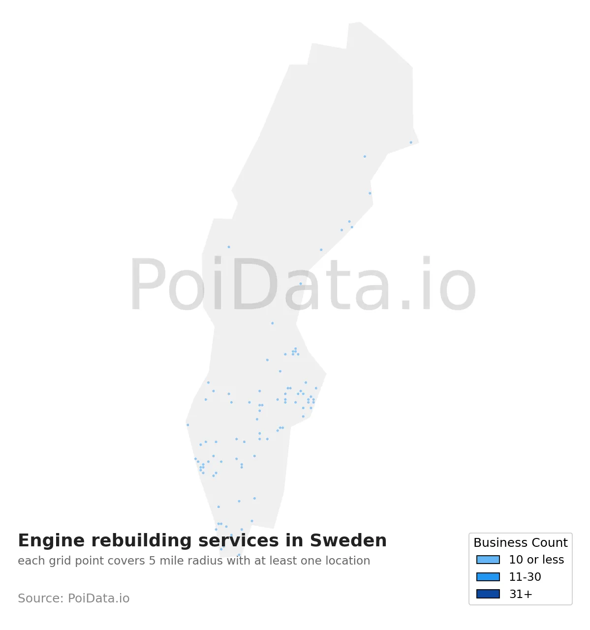 Engine rebuilding service density map for Sweden