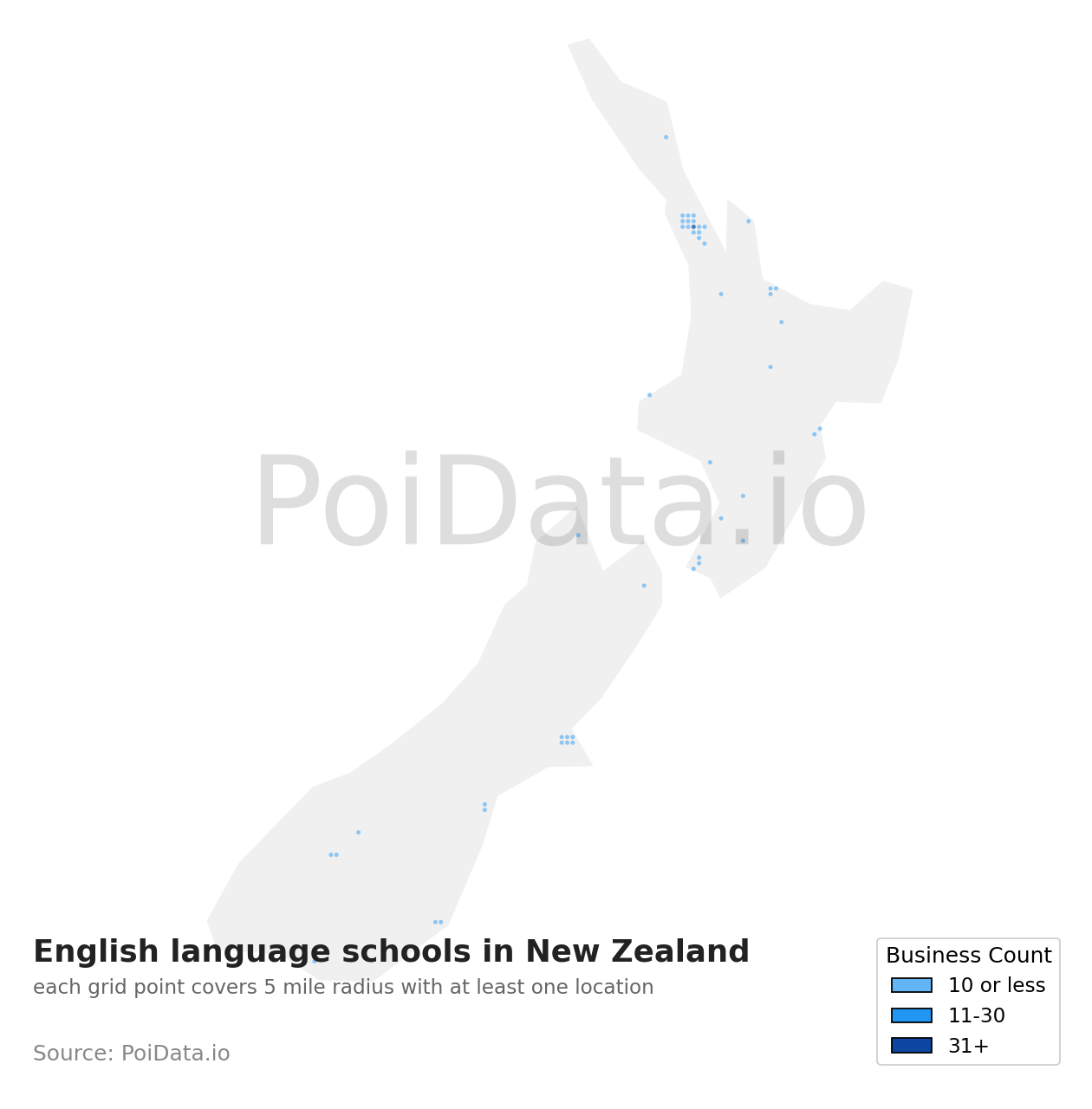 English language school density map for New Zealand
