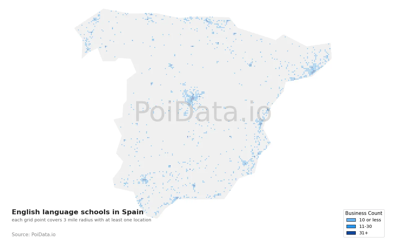 English language school density map for Spain