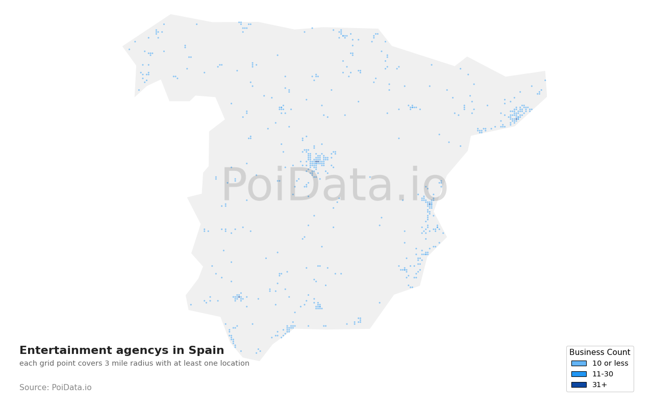Entertainment agency density map for Spain
