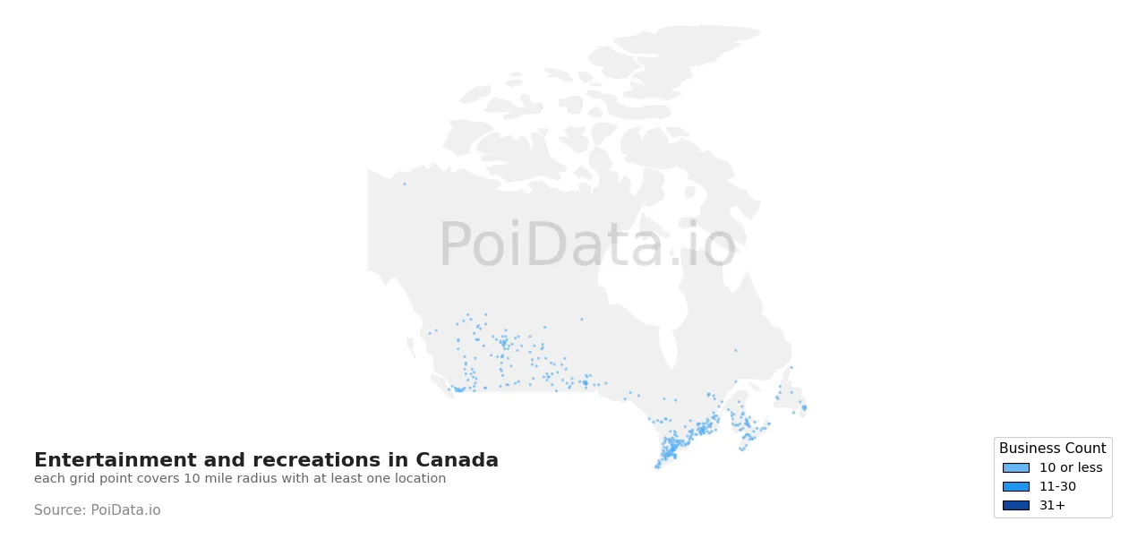 Entertainment and recreation density map for Canada