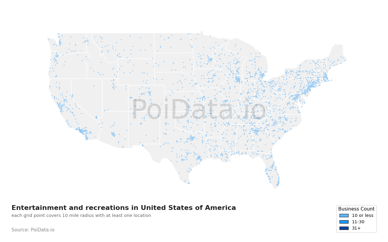 Entertainment and recreation density map for United States