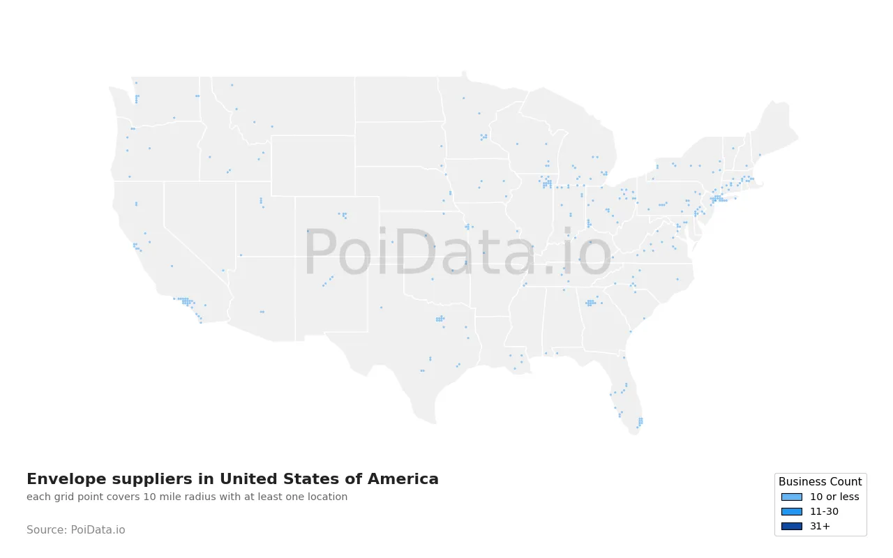 Envelope supplier density map for United States